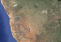 <center>
Ainsi se déroulera notre voyage : itinéraire en bleu sur la carte. <br>
Après une bonne nuit de repos, un extraordinaire buffet,<br>
entre autres de croissanteries dignes des meilleurs <br>
pâtissiers parisiens, s'offre à notre gourmandise.<br>
Nous partirons plein sud, direction le Kalahari Transfrontier Park. Carte Namibie et itinéraire grâce au GPS. 