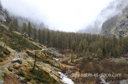 Vers le fond de Valnontey dans la brume matinale